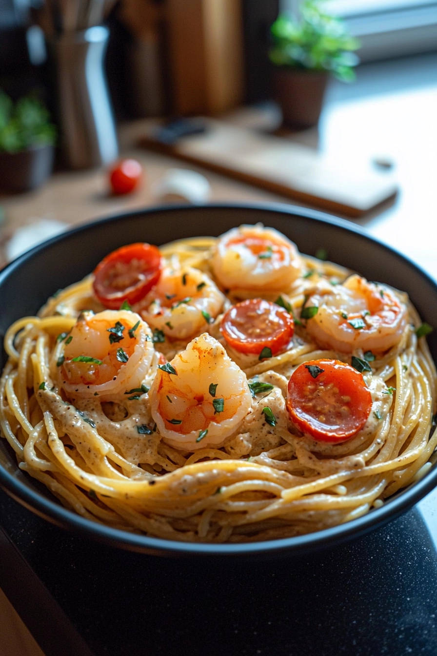 Creamy shrimp pasta recipe with cherry tomatoes and fresh parsley, presented in a black bowl with a close-up view.