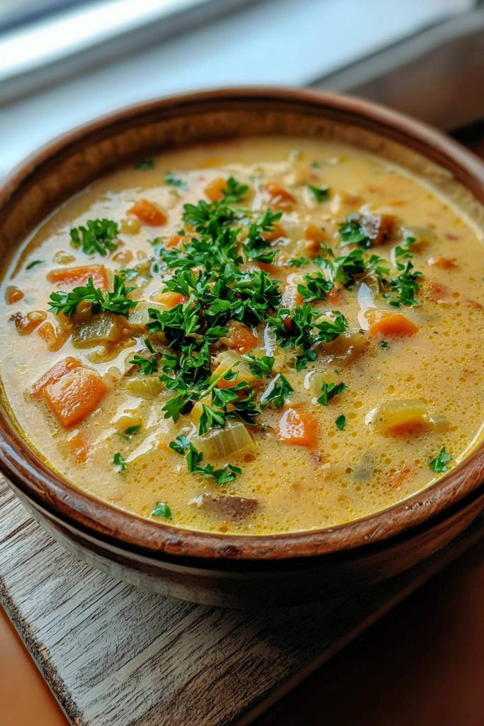 Creamy vegetable soup recipe shown in a rustic bowl, generously garnished with fresh parsley.