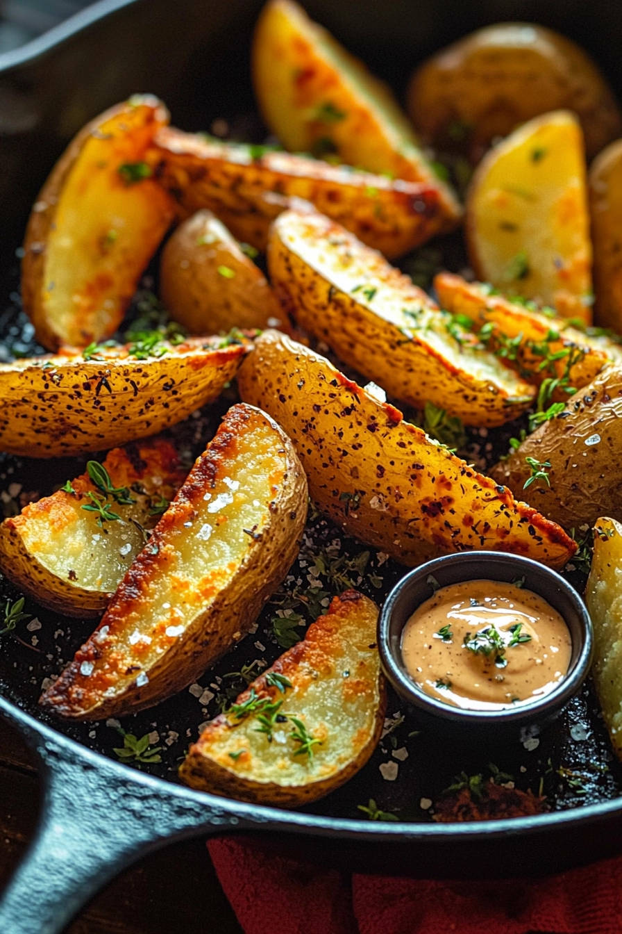 Crispy potato wedges in a cast iron skillet with a side of dipping sauce, seasoned and garnished with herbs.