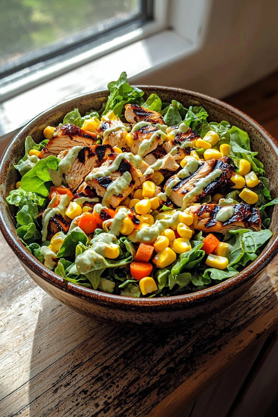 Grilled chicken salad with corn, carrots, and greens, generously drizzled with a creamy green dressing.