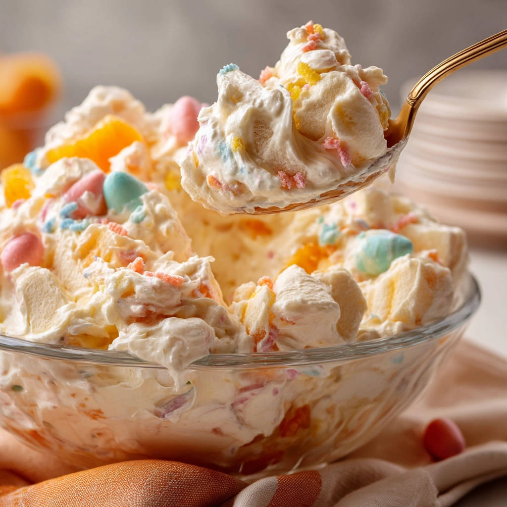 Ambrosia salad with a spoonful being lifted, showing marshmallows, fruit, and sprinkles.