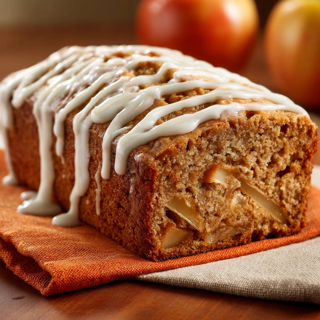 Apple bread drizzled with white glaze, showcasing a moist interior with visible apple pieces.