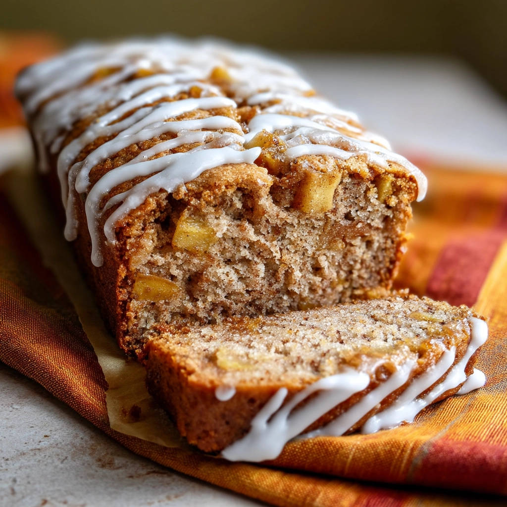 Apple bread, a moist loaf drizzled with white glaze, with one slice cut to reveal the tender interior.