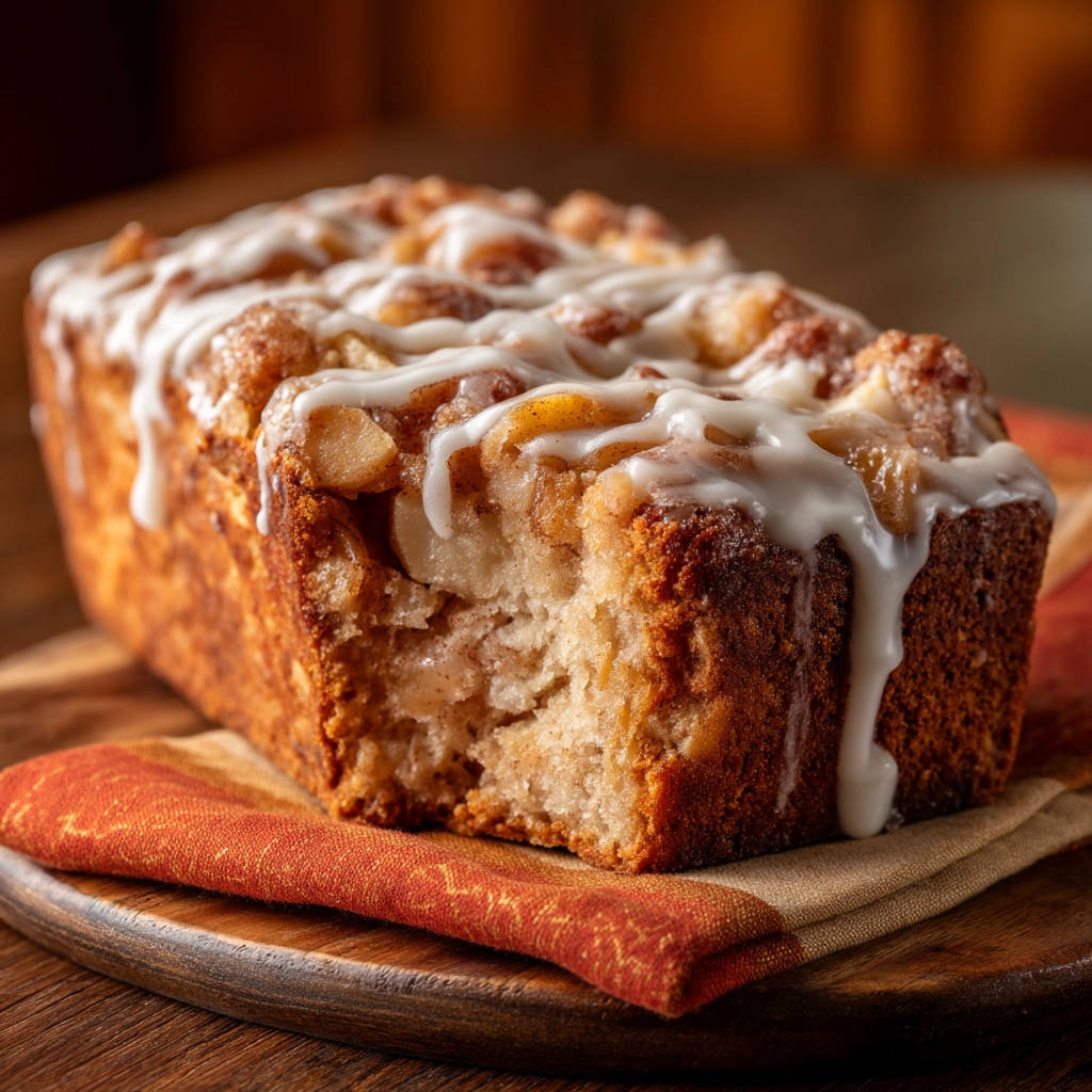 Apple cinnamon crumb cake showing a moist cross-section with a drizzled glaze topping on a wooden board.
