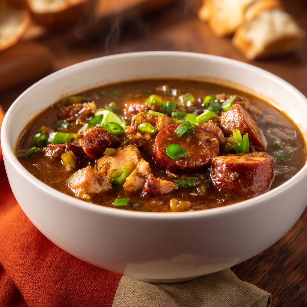 Authentic chicken andouille gumbo served in a white bowl, showcasing its rich broth and visible ingredients.
