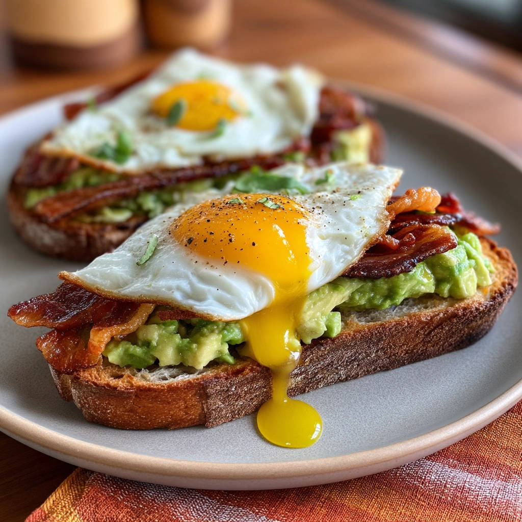 Avocado toast with fried egg and a runny yolk dripping onto the plate, with bacon.