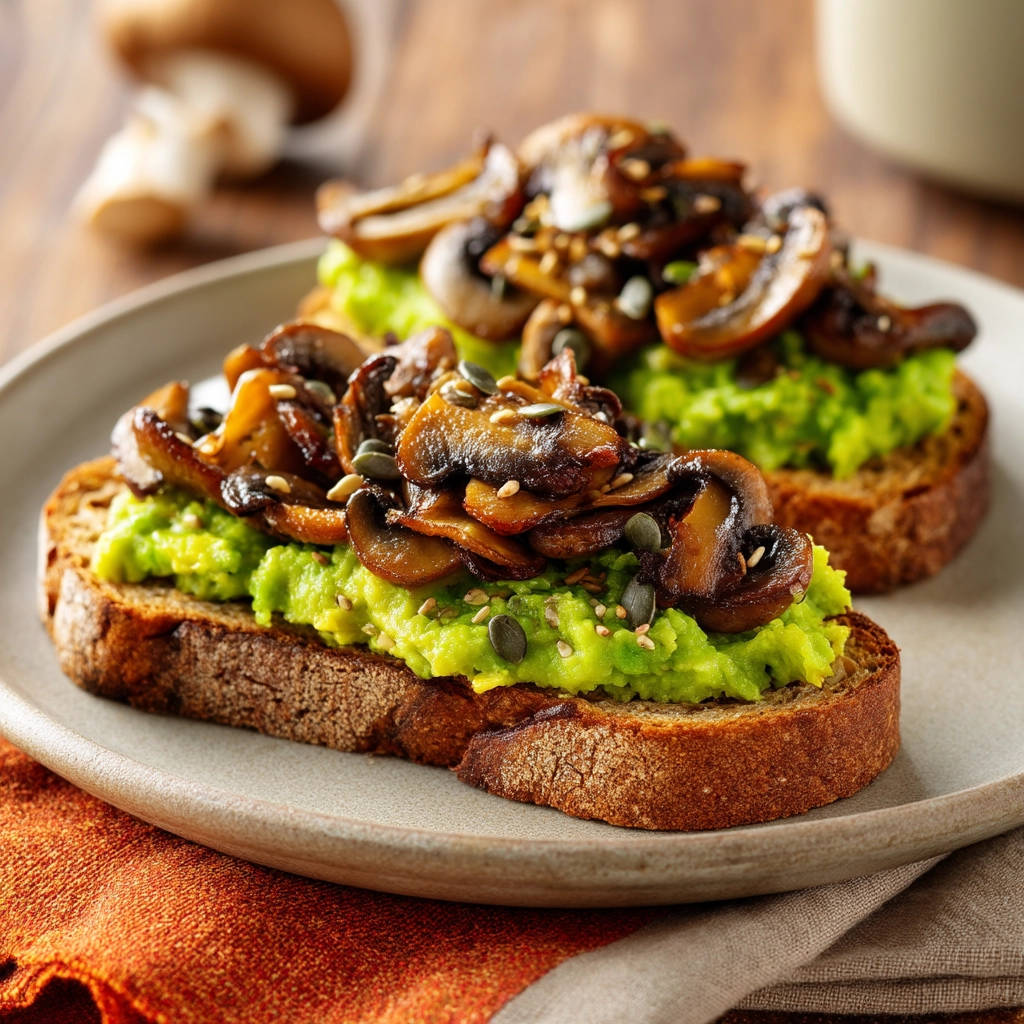 Avocado toast with sautéed mushrooms and seeds served on a plate, shown in a close-up view.
