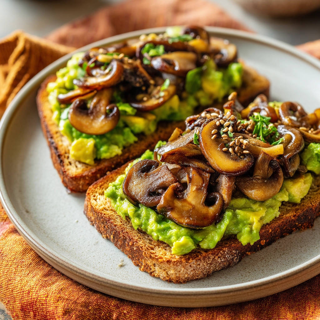 Avocado toast with sautéed mushrooms plated close-up, showcasing the creamy avocado and savory mushrooms on toasted bread.