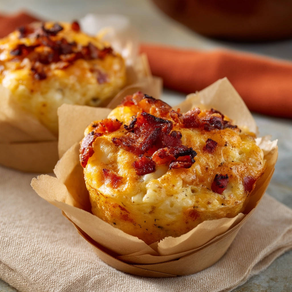 Bacon and cheese egg muffins served in brown paper liners, with crispy bacon topping and a golden-brown crust.