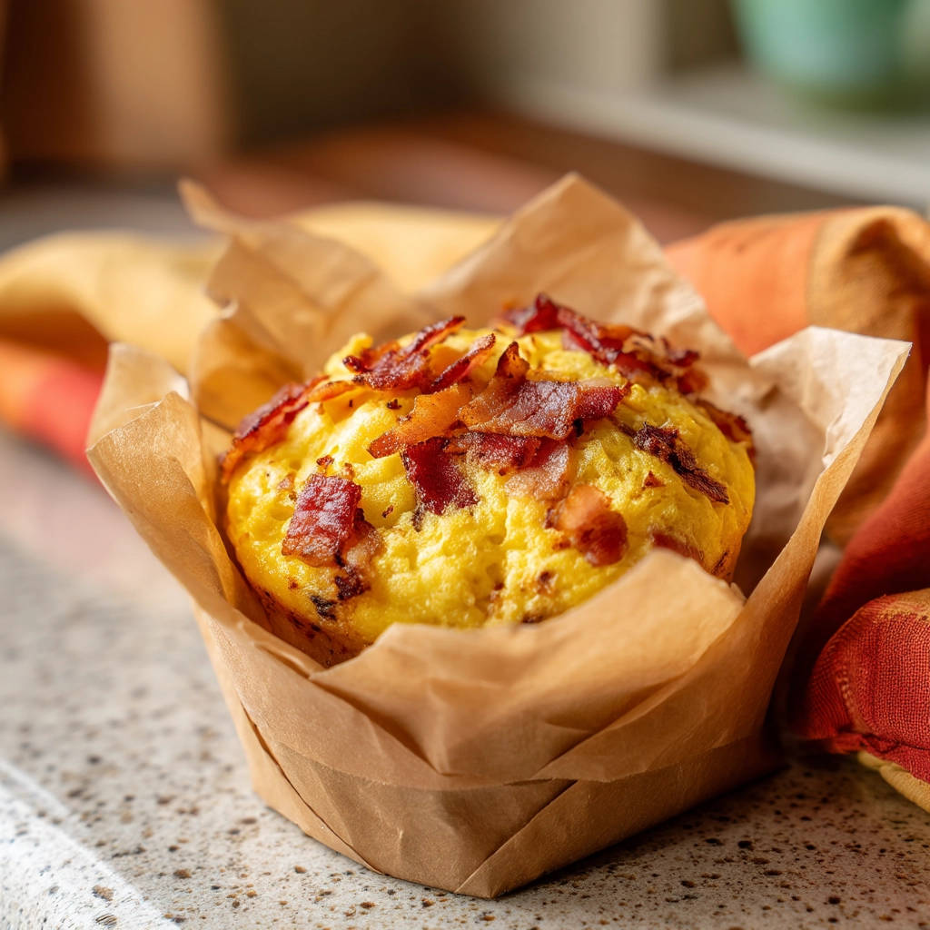 Bacon and cheese egg muffins topped with crispy bacon pieces in a brown paper liner.