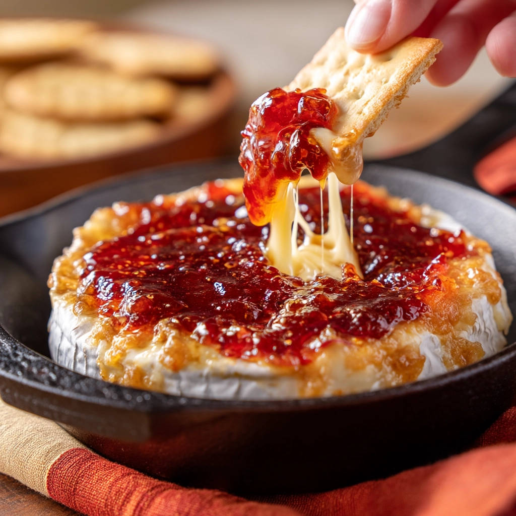 Baked brie with a cracker dipping into the warm, gooey cheese and red jam topping.