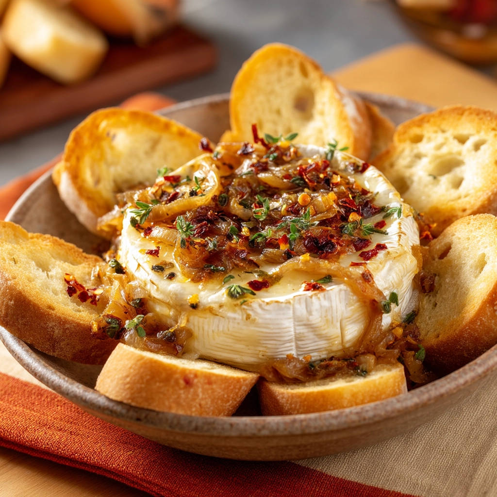 Sweet & Savory Baked Brie topped with caramelized onions, herbs, and chili flakes, served with toasted baguette slices.