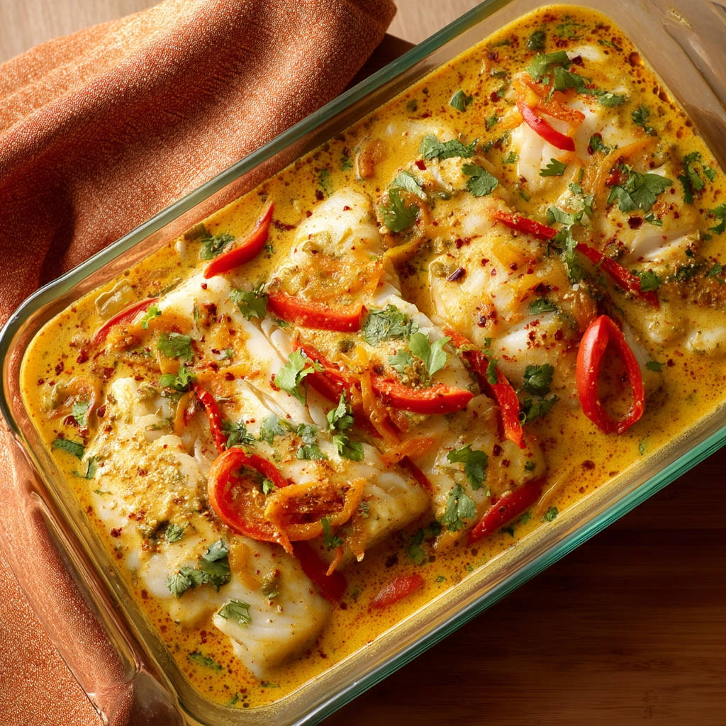 Baked coconut curry cod with red peppers and cilantro in a glass baking dish, overhead view.