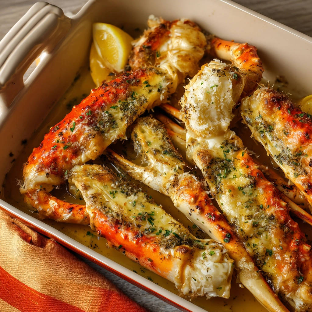 Baked crab legs with butter and herbs, glistening in a baking dish with lemon wedges.