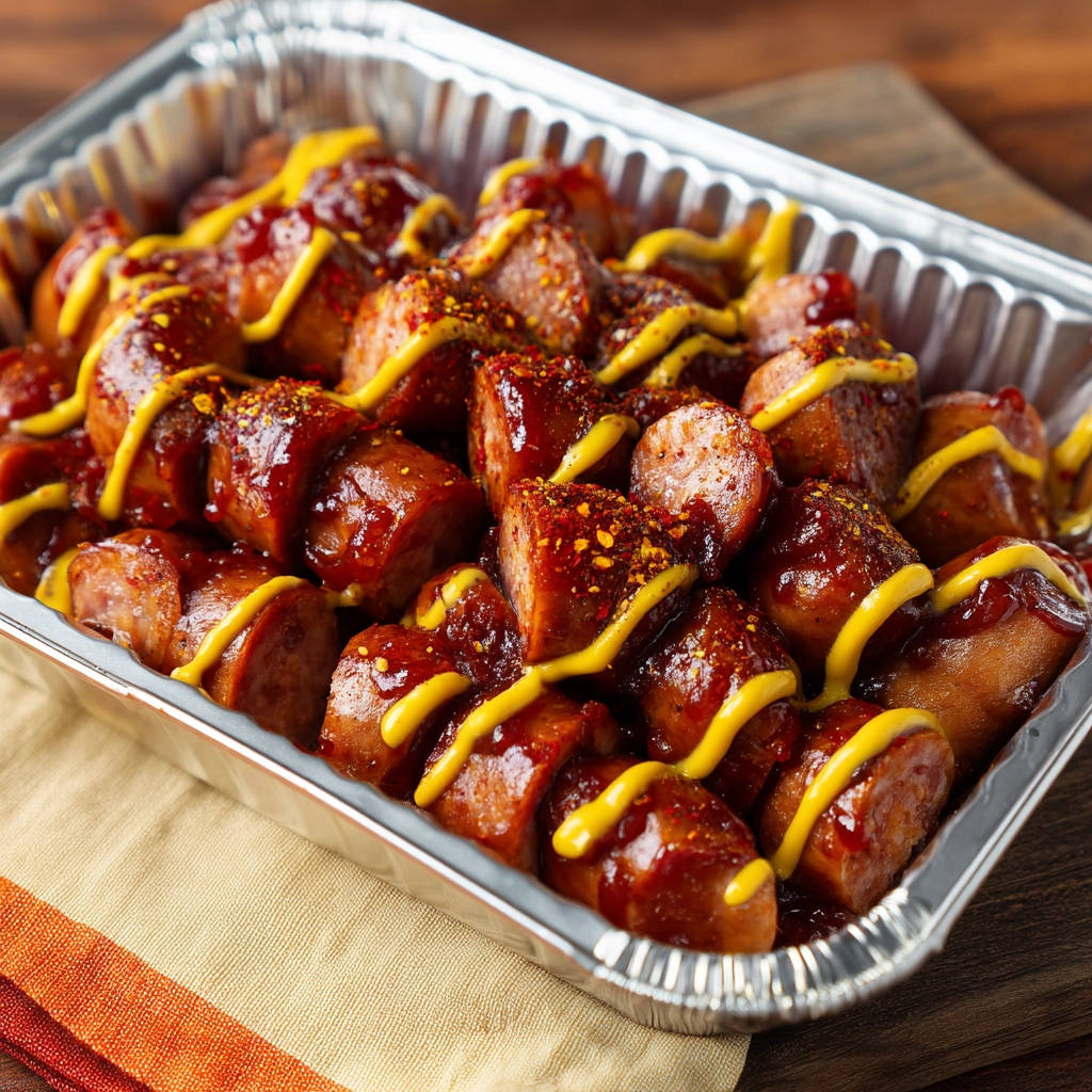 BBQ sausage bites drizzled with mustard and barbecue sauce in a foil pan.