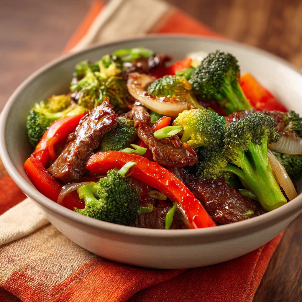 Quick beef and broccoli stir-fry shown in a close-up view within a bowl, highlighting the glossy sauce and vibrant vegetables.