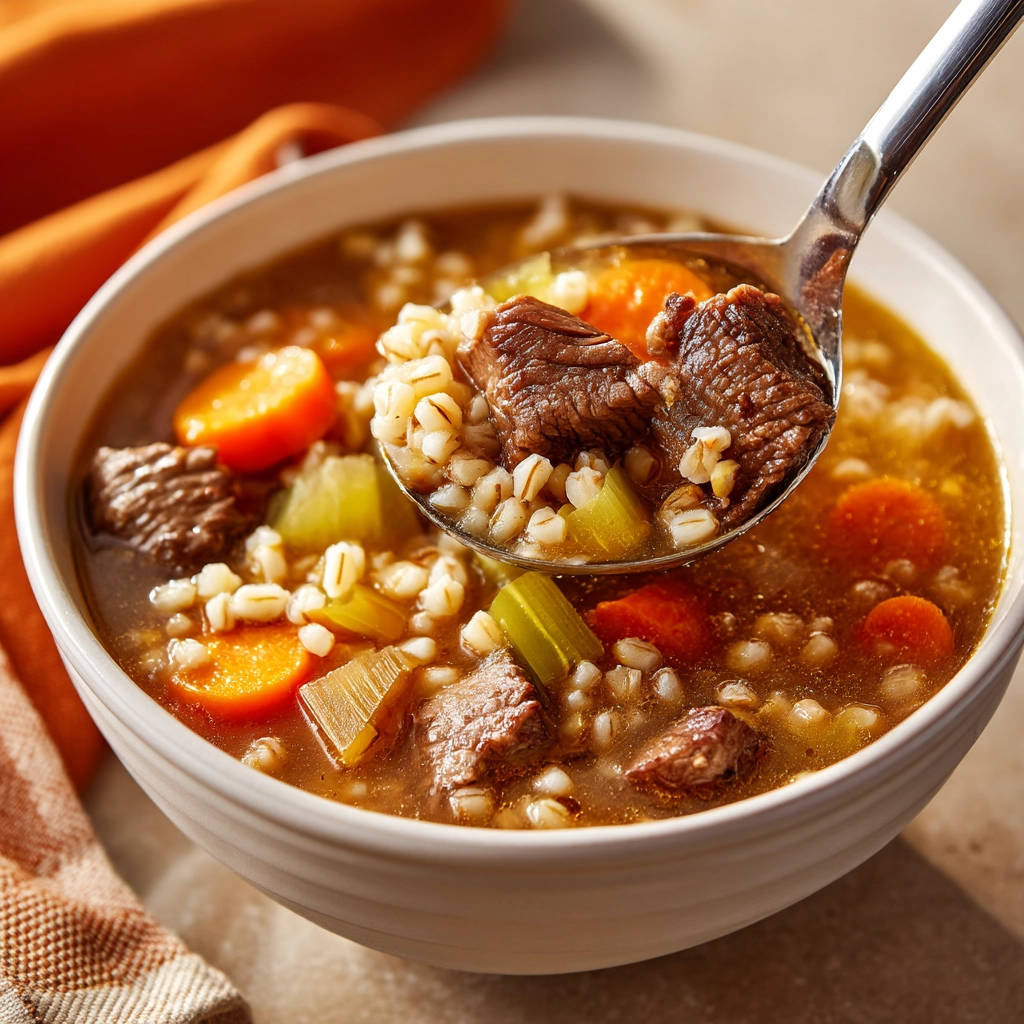 Classic beef and barley soup with a spoonful showing tender beef and barley close-up.