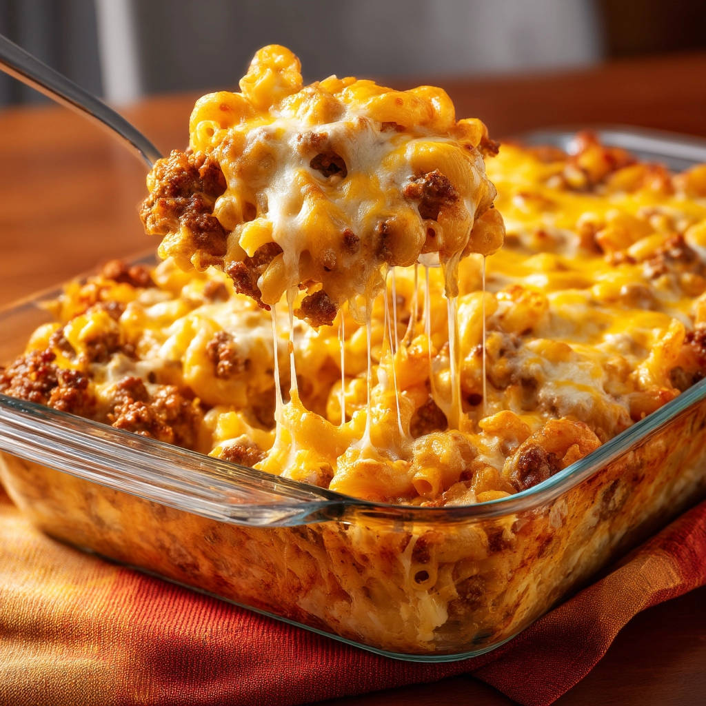 Best Ultimate Beef Mac & Cheese with a stretchy cheese pull being lifted from the baking dish.