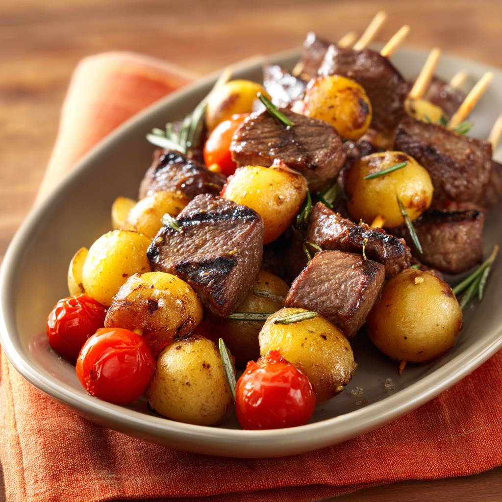 Beef & Potato Skewers with cherry tomatoes and rosemary, a close-up view on a grey plate.