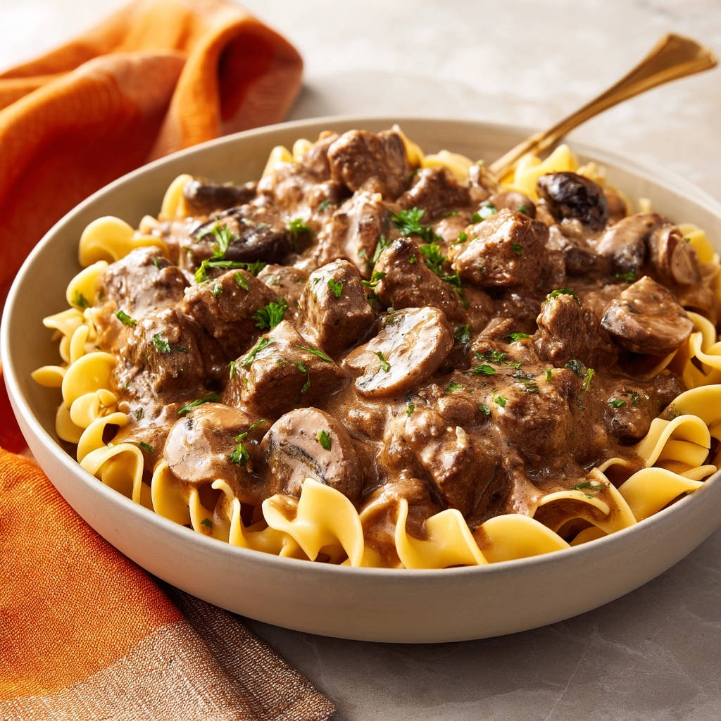 Creamy Beef Stroganoff served generously over wide egg noodles, with mushrooms and a sprinkle of parsley.