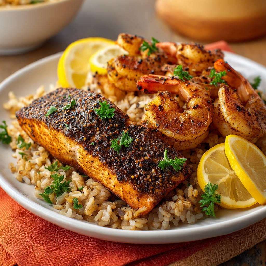 Blackened salmon and shrimp bowl plated with rice and lemon wedges, close-up view of the seasoned seafood.