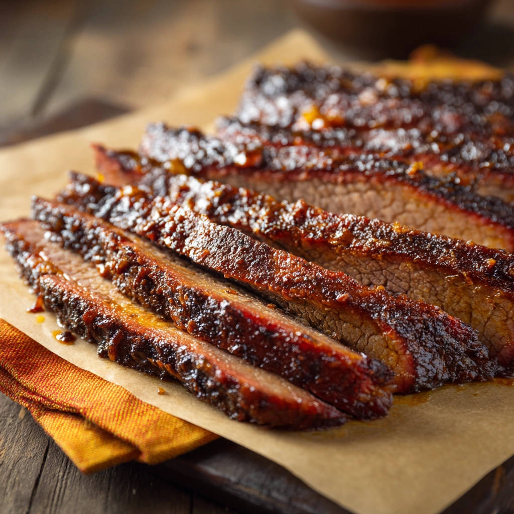 Braised beef shown in a close-up view, highlighting the tender, sliced texture and glistening glaze.