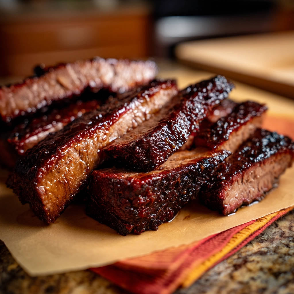 Braised beef shown as tender sliced cross-sections with a glossy glaze.