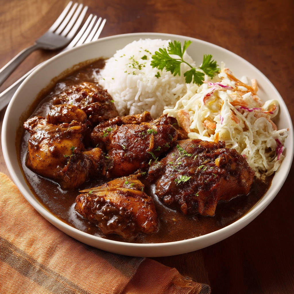 Braised chicken with rice and slaw served in a white bowl, close-up view of the plated dish.