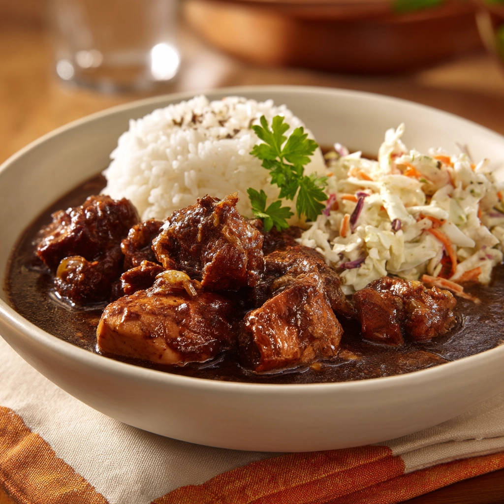Braised chicken with rice and slaw served in a bowl, showcasing the rich sauce and tender meat.