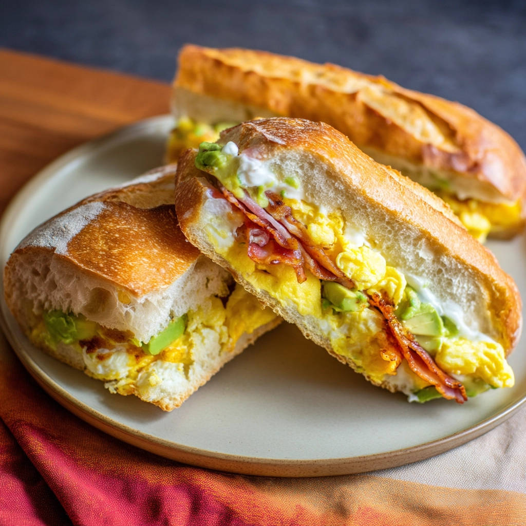 Ultimate breakfast baguette cross-section showing fluffy eggs, avocado, and bacon inside a crusty baguette.
