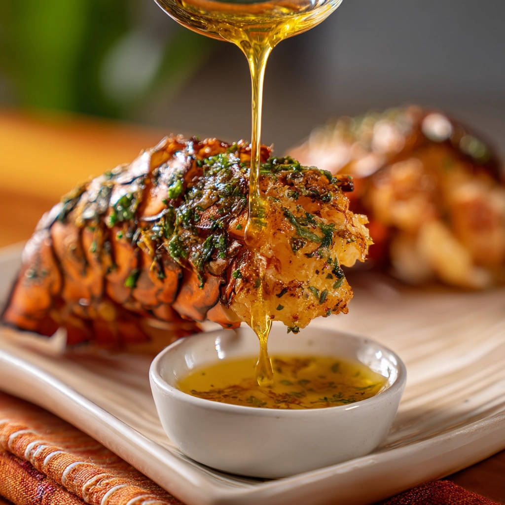 Broiled lobster tail being basted with melted butter and herbs, with a dipping bowl below.