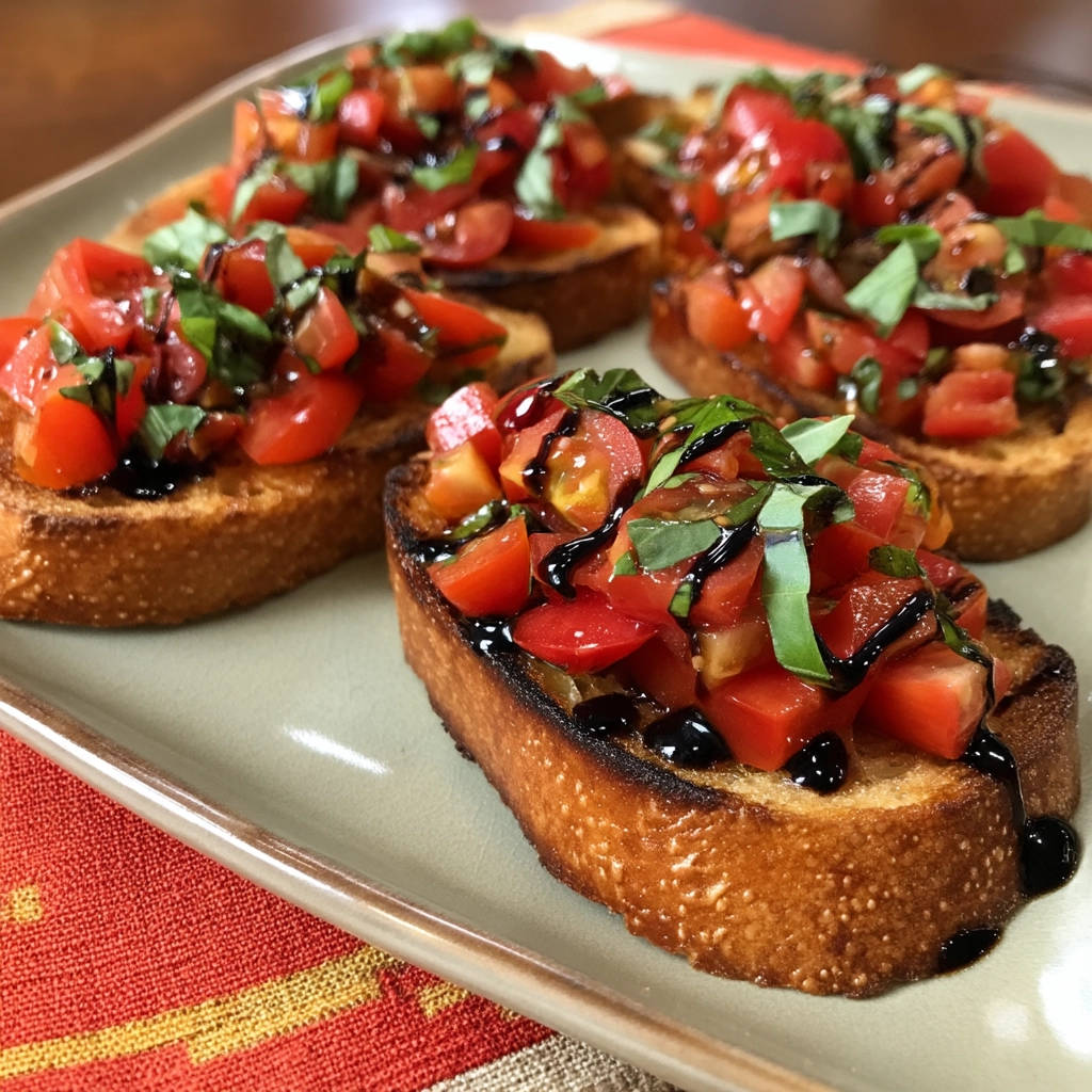 Bruschetta topped with fresh tomatoes and basil, drizzled with balsamic glaze on toasted bread slices.