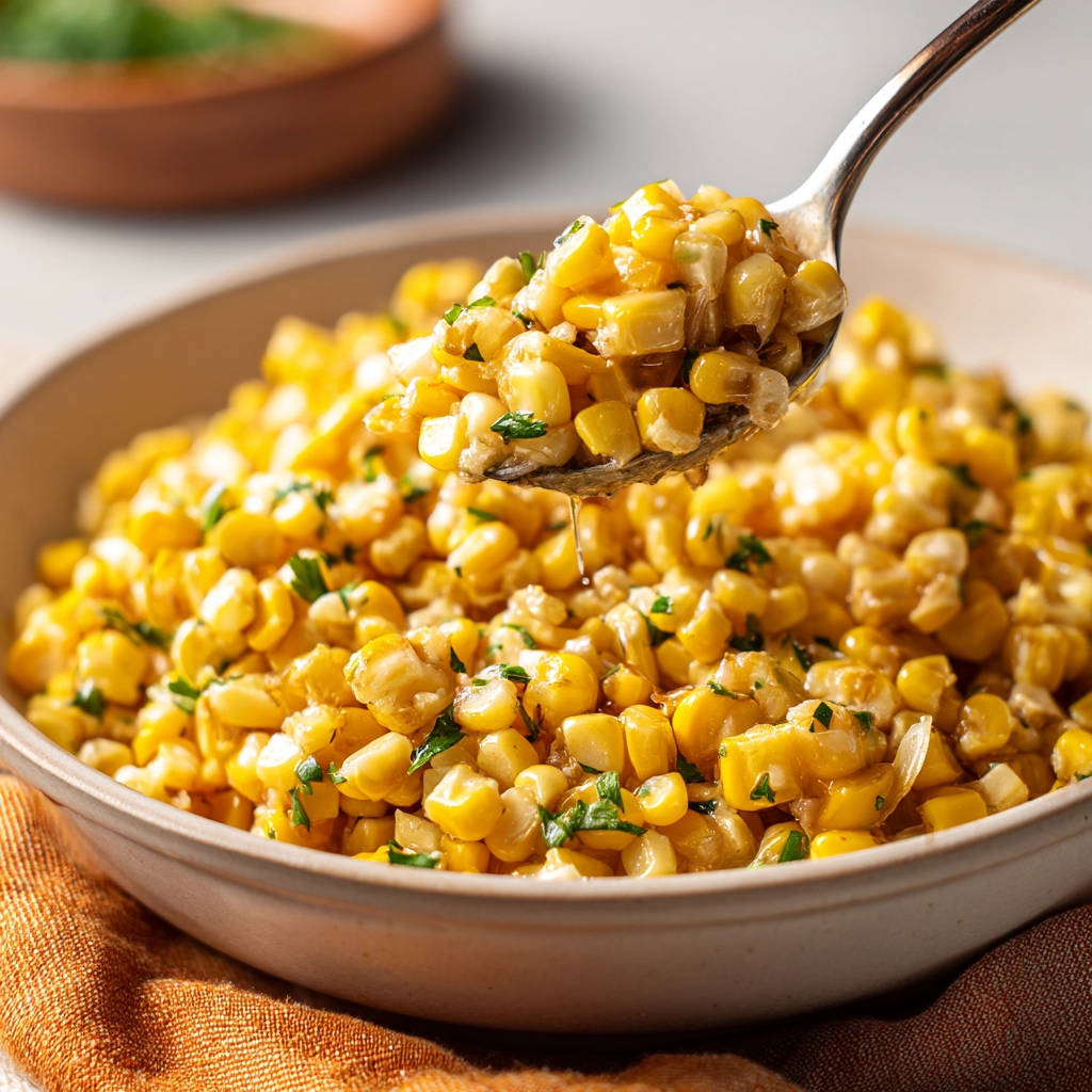 Buttery skillet corn, a spoonful being lifted from the bowl, showcasing its glistening kernels and fresh parsley garnish.
