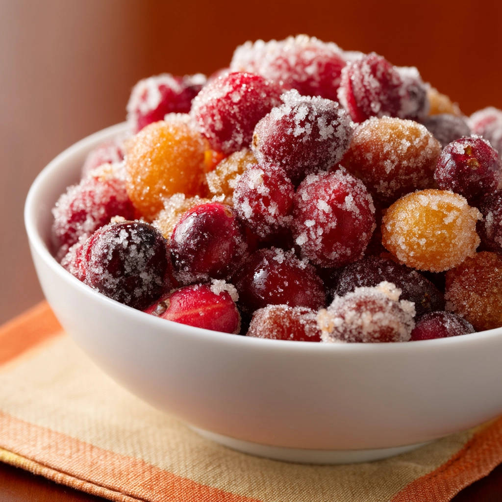 Candied cranberries, glistening with sugar crystals, are piled high in a white bowl, offering a close-up view of their festive texture.