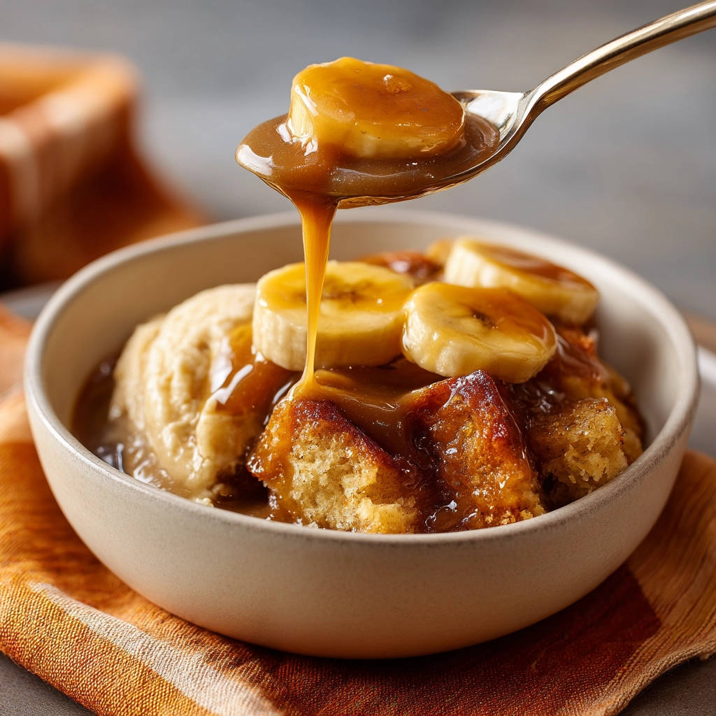 Caramel banana bread pudding with a spoonful being poured, showing rich caramel sauce and banana slices.