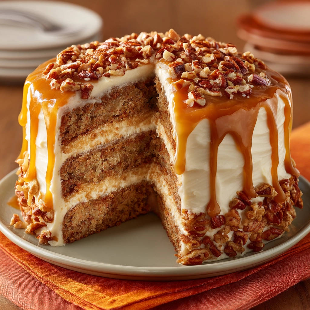 Caramel drizzled carrot cake shown in a close-up cross-section revealing its layered interior and pecan topping.