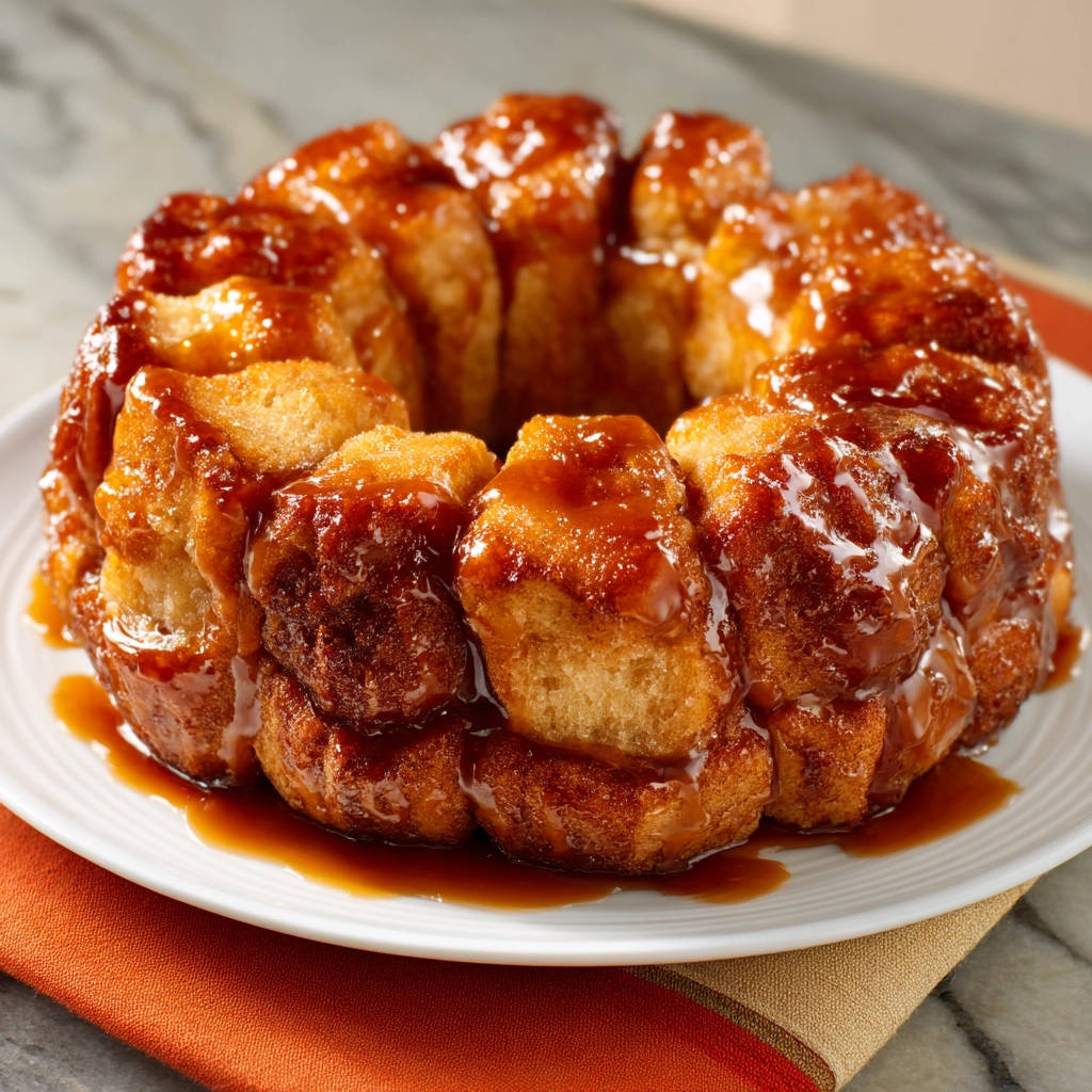 Caramel monkey bread ring glistening with a rich, glossy glaze in a close-up detail shot.