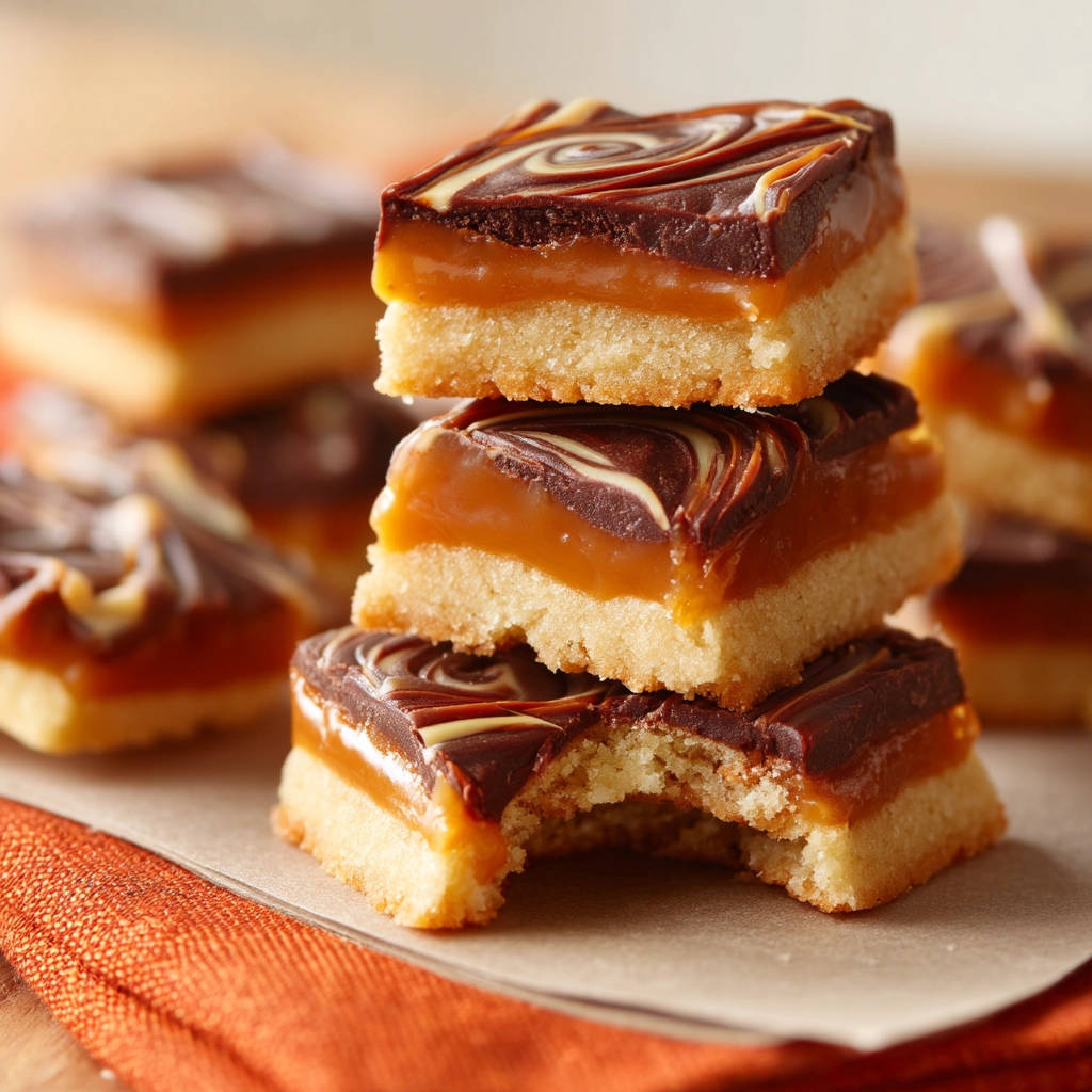 Caramel swirl cookie bars, a stack of three bars showing a close-up cross-section of the shortbread, caramel, and chocolate layers.