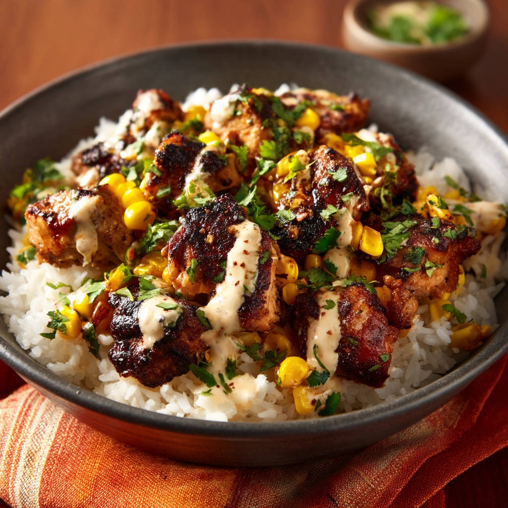 Charred chicken rice bowl with corn and a creamy drizzle, shown in a close-up view.
