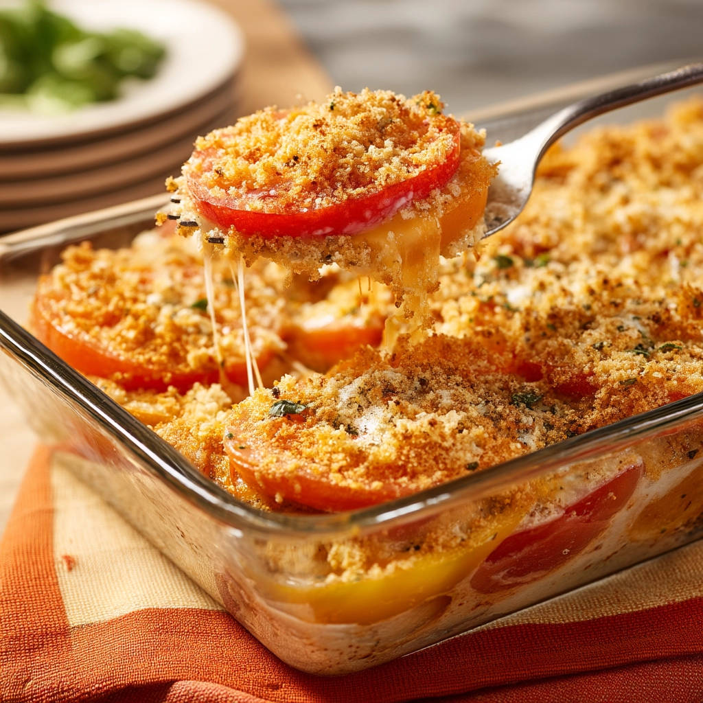 Cheesy baked tomatoes being lifted from a glass baking dish with a fork, showing melted cheese strings.