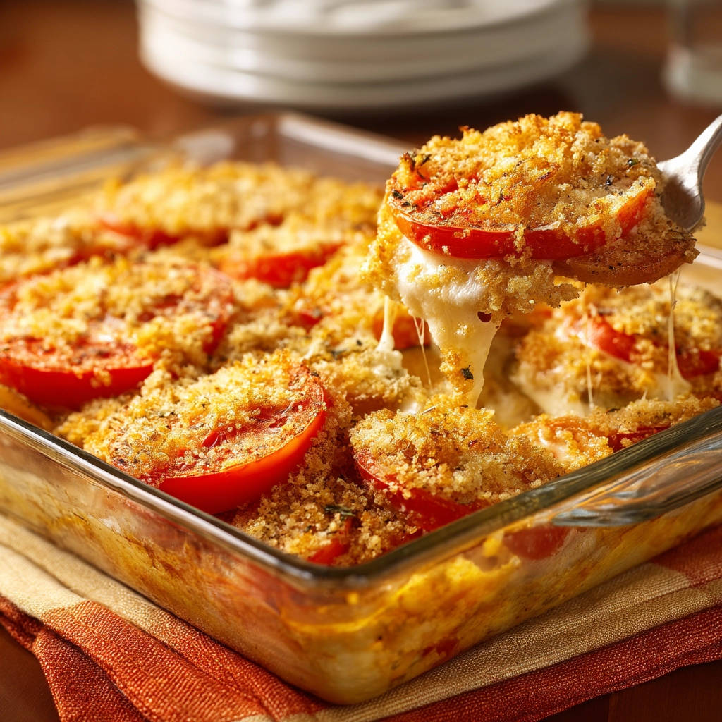 Cheesy baked tomatoes served from a baking dish, with a spoonful showing melted cheese stretching from the dish.