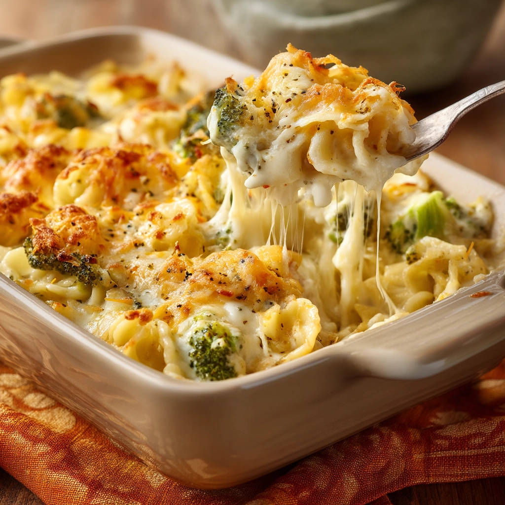 Cheesy broccoli pasta bake with a fork lifting a portion, showing gooey melted cheese strings.