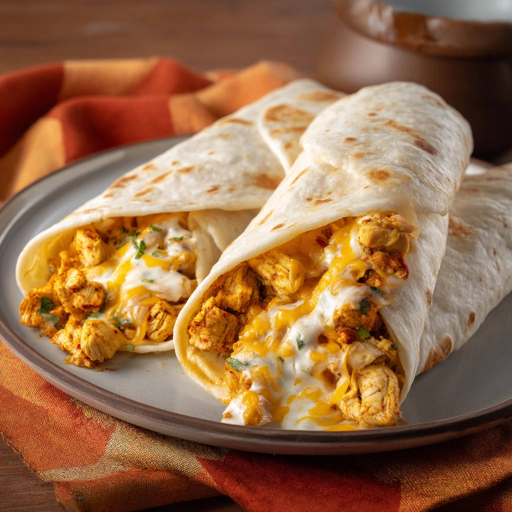 Cheesy chicken burritos shown in a close-up cross-section, revealing the juicy filling and melted cheese.