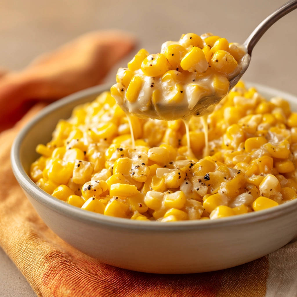 Cheesy creamed corn in a bowl with a spoonful being lifted, showing gooey cheese.