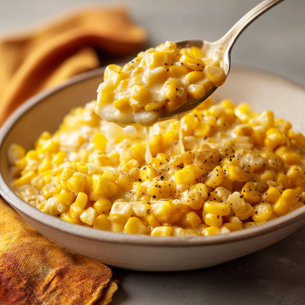 Cheesy creamed corn being spooned from a bowl with a creamy sauce pouring.
