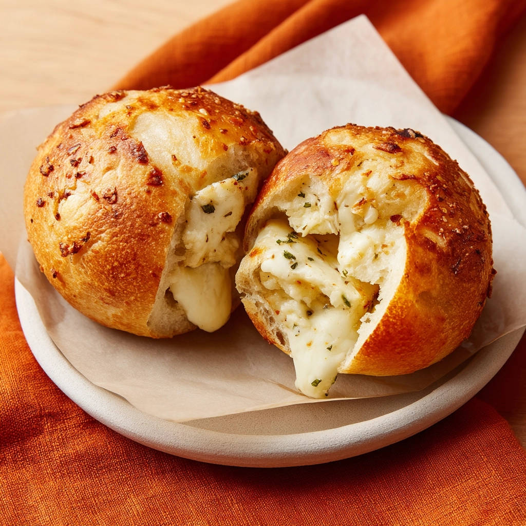 Cheesy garlic bombs are shown with a close-up view of the fluffy bread revealing oozing melted cheese inside.