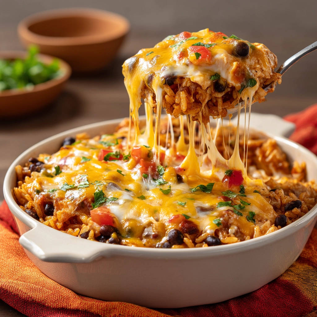 Cheesy Mexican Rice Casserole with a dramatic gooey cheese pull being lifted from the baking dish.