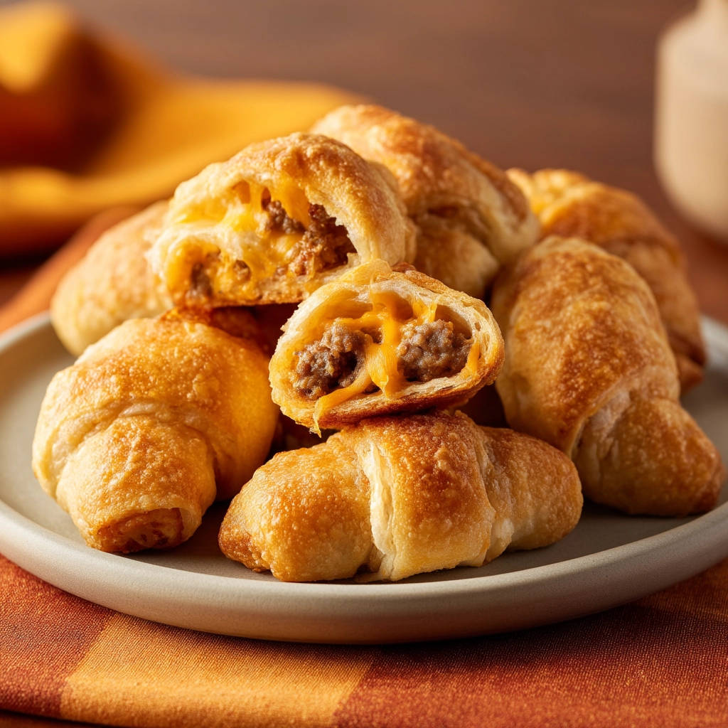 Cheesy sausage crescent bites cross-section showing melted cheese and savory filling inside golden pastry.