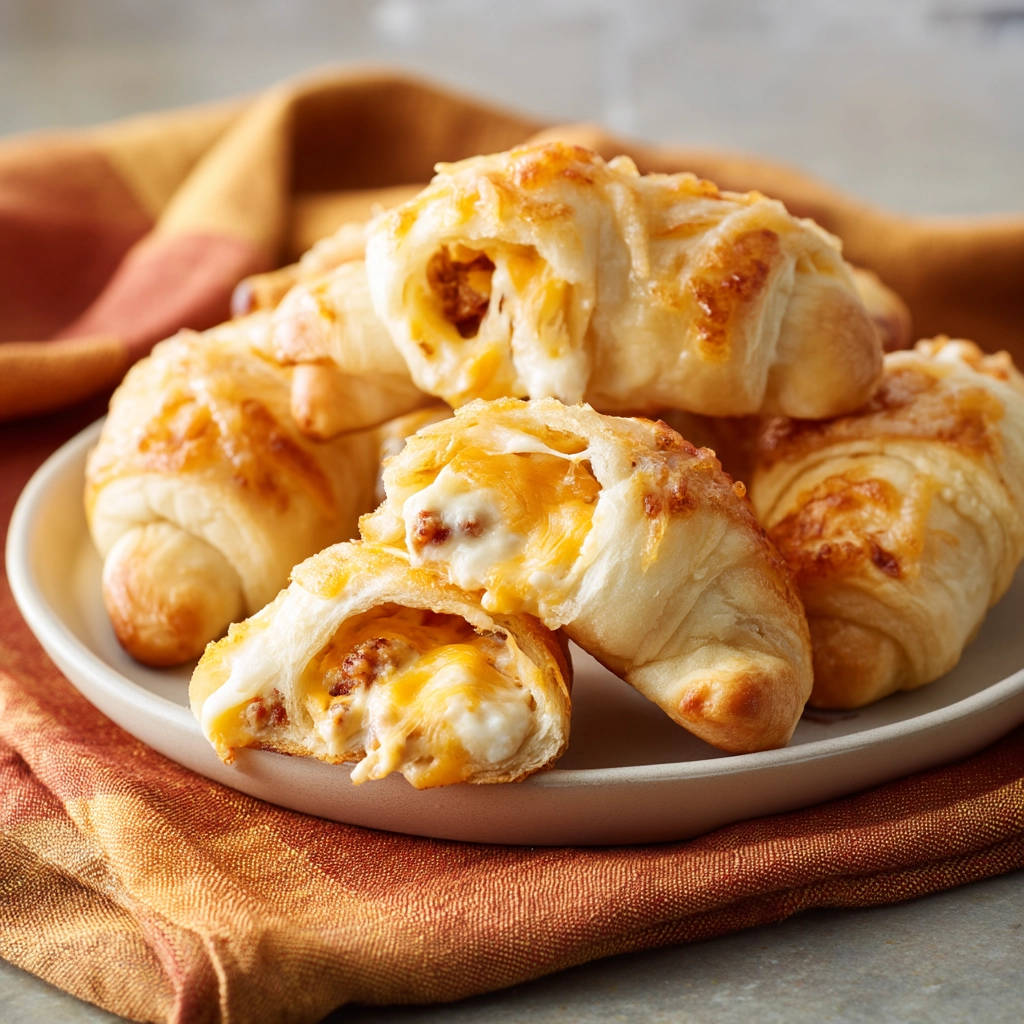 Cheesy sausage crescent bites shown in a close-up cross-section highlighting the gooey melted cheese and filling.
