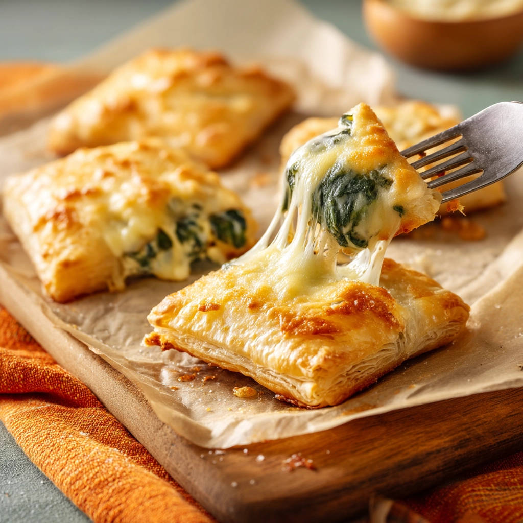 Cheesy spinach puffs with melted cheese stretching from a fork, a close-up detail shot.